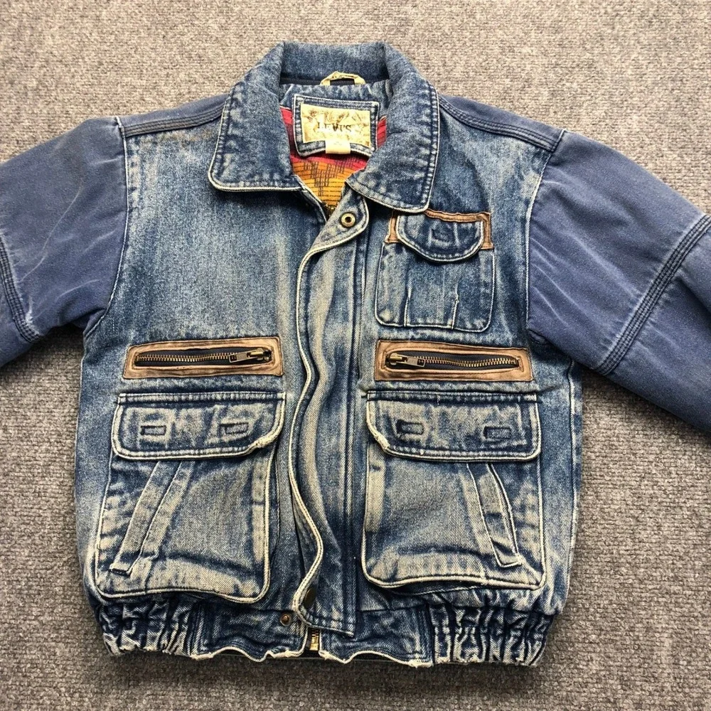 Vintage Levis Kids Denim Bomber Jacket Western Wear Acid Wash Blue Size M 10-12